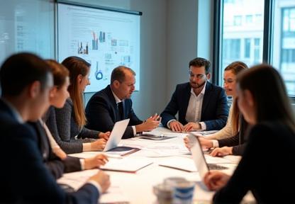 Team brainstorming design strategy around charts and graphs